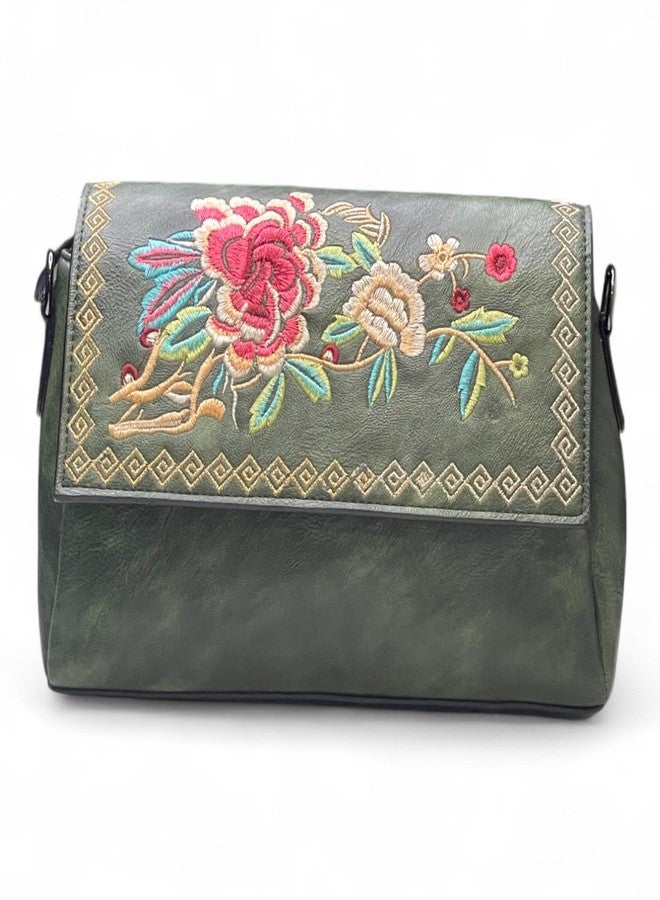 Dazzle Women's Vintage Floral Embroidered Crossbody Bag, Faux Leather, Multiple Compartments, Adjustable Strap, Boho Style (GREEN) - Image 2